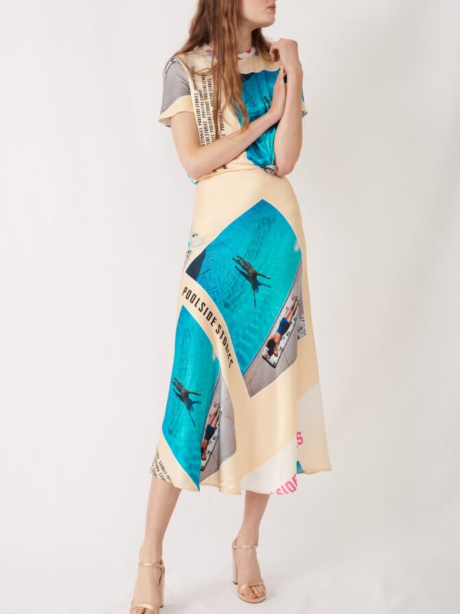 Printed satin tied scarf dress : Dresses color Blue/Yellow