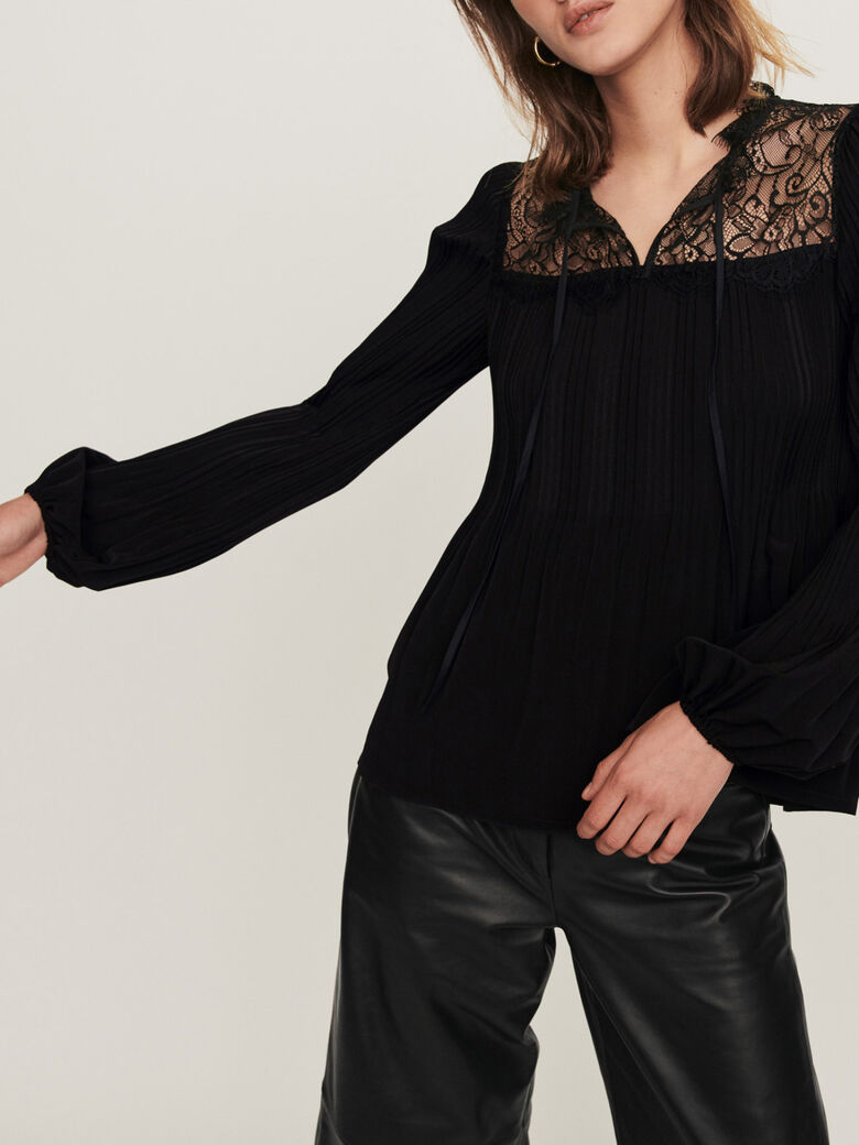 119LOCKETTE Pleated top with lace trim - Tops & T-Shirts - Maje.com