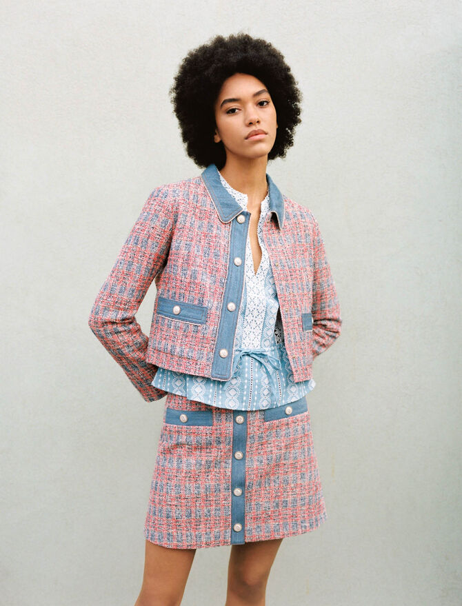221VENISE Tweed jacket with denim contrasts - Coats & Jackets - Maje.com