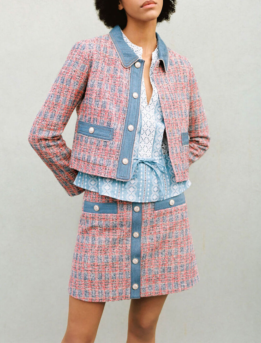 221VENISE Tweed jacket with denim contrasts - Coats & Jackets - Maje.com