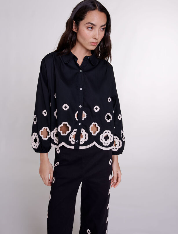 마쥬 Maje Crochet Clovers shirt,Black