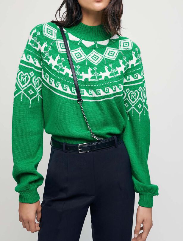 마쥬 자가드 니트 Maje Jacquard sweater with stand-up collar,Green