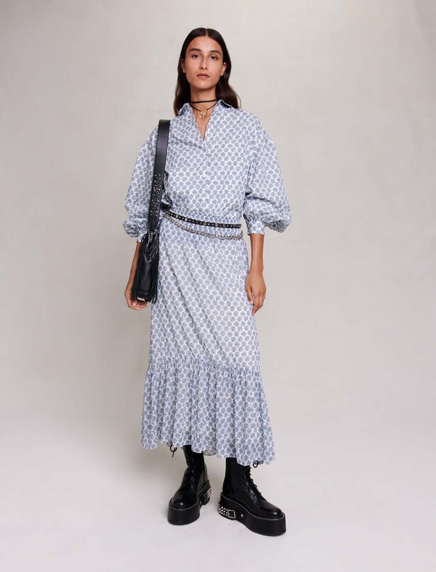 마쥬 Maje Long asymmetric skirt,Clover monogram ecru/blue