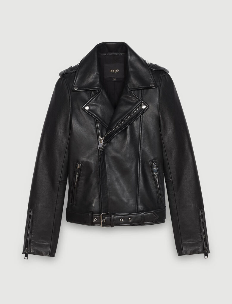 119BOCELIX Leather biker jacket and belt - The Essentials - Maje.com