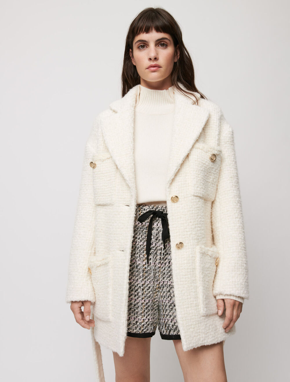 121GUILIETTE Belted tweed-style coat - Coats & Jackets - Maje.com