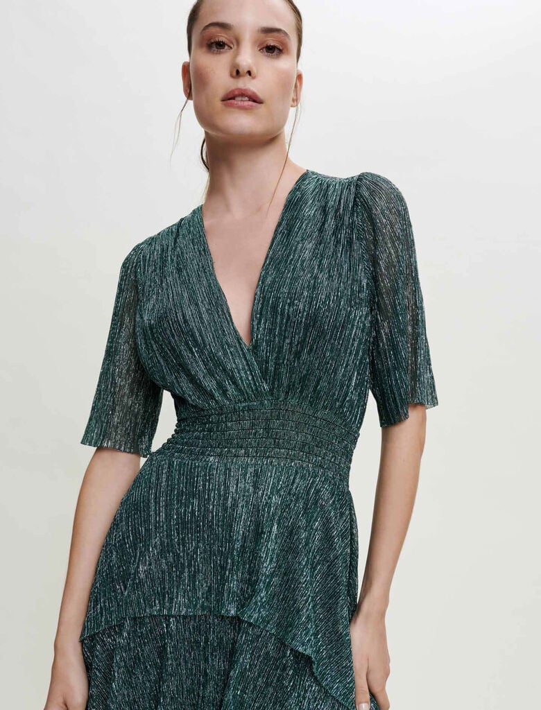 120RUFFINE Stretch lurex fabric dress with ruffles - Green Edit - Maje.com