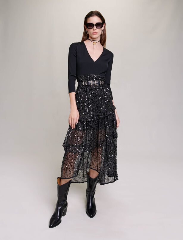 마쥬 드레스 MAJE Sequin and mesh maxi dress,Black
