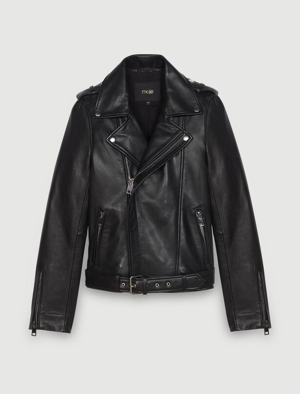 마쥬 가죽 재킷MAJE Leather biker jacket and belt,Black