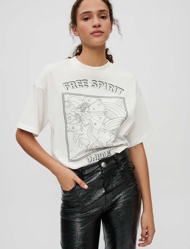마쥬 마쥬 Maje Wide T-shirt with Free Spirit embroidery,White