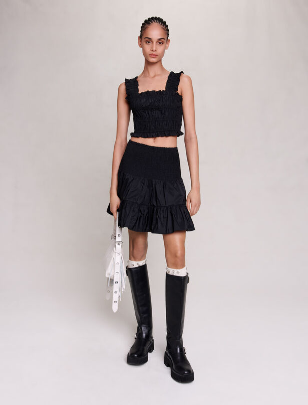 Maje Short skirt with smocking and ruffles,Black