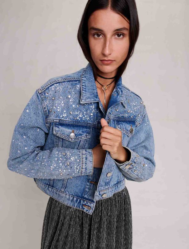마쥬 Maje Denim jacket with rhinestones,Blue