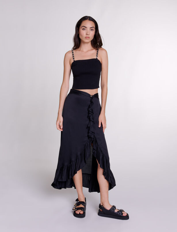 마쥬 Maje Long satin-effect ruffled skirt,Black