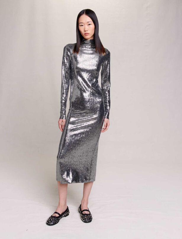 마쥬 드레스 MAJE Glitter maxi dress,Silver