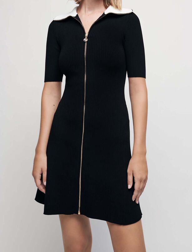 마쥬 원피스 Maje Ribbed knit dress with zip collar,Black
