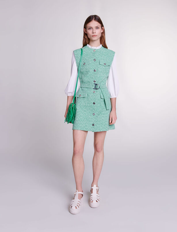 마쥬 드레스 Maje Dual-material tweed dress,Green