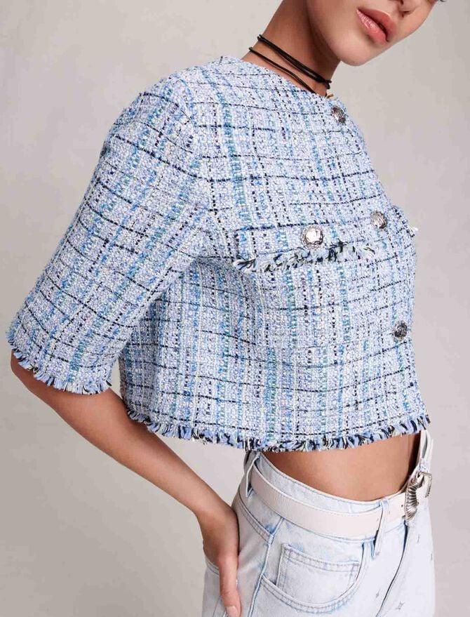 Chanel Cotton Tweed Jacket with Front Pockets in Blue White & Navy Blue —  UFO No More