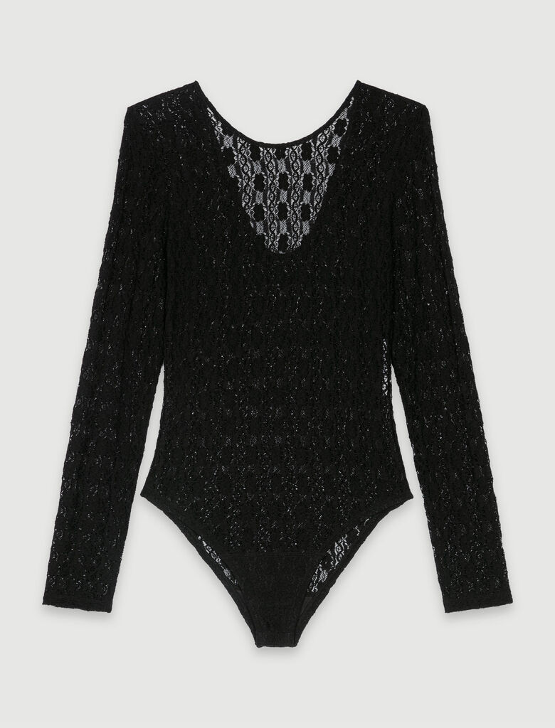Black Lace Long Sleeve Bodysuit, Tops