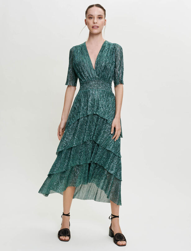 마쥬 드레스 MAJE Stretch lurex fabric dress with ruffles,Green