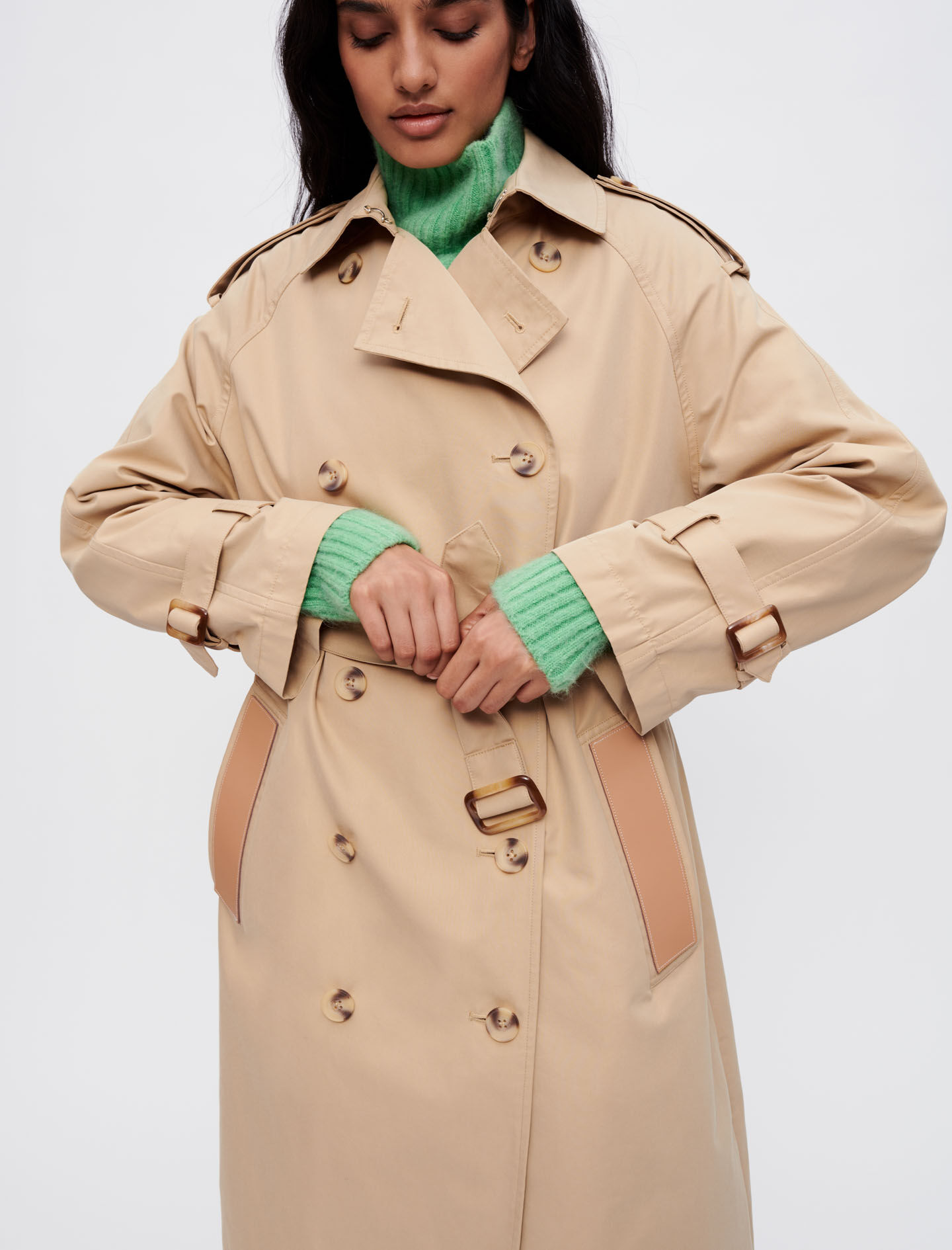 221GRENCH Belted trench coat with leather patches