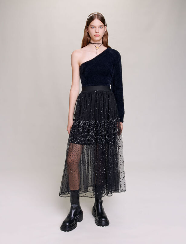 Maje Glittery spotted long tulle skirt,Black