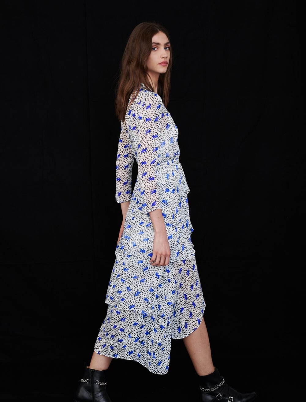 221RENCALA Asymmetric dress in printed muslin - Dresses - Maje.com