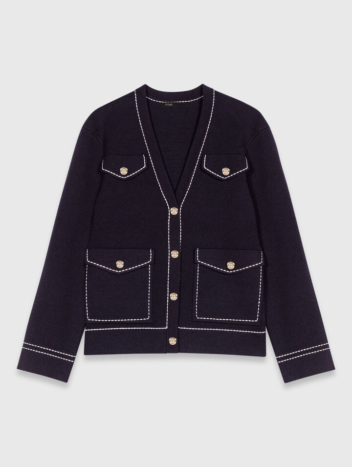 Long topstitched knit cardigan