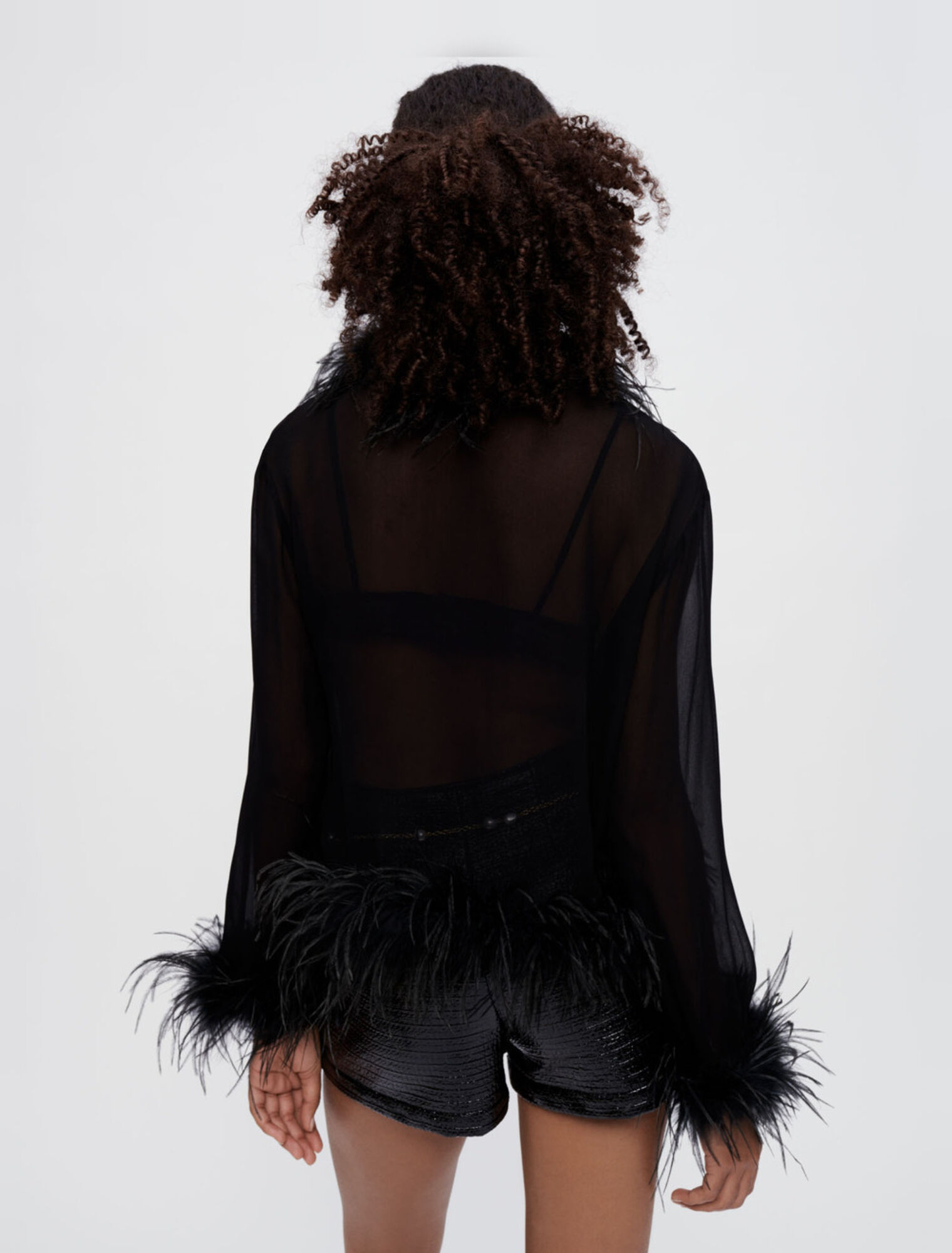 Transparent voile shirt with feathers