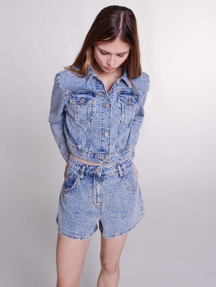 Diamanté and jacquard denim shorts