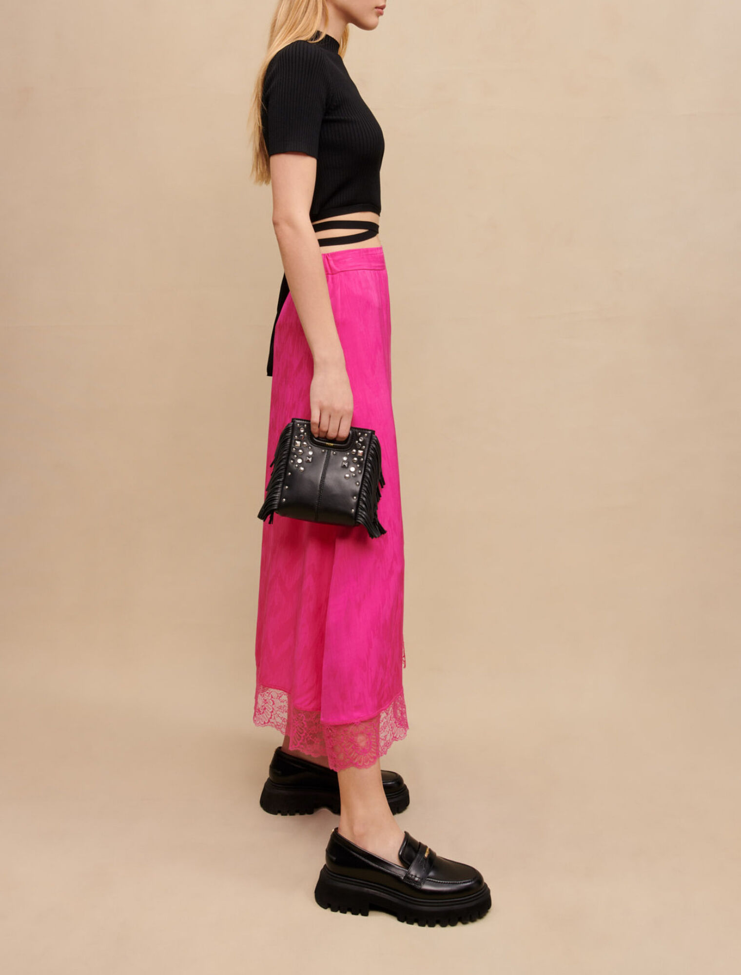Satiny jacquard long slit skirt
