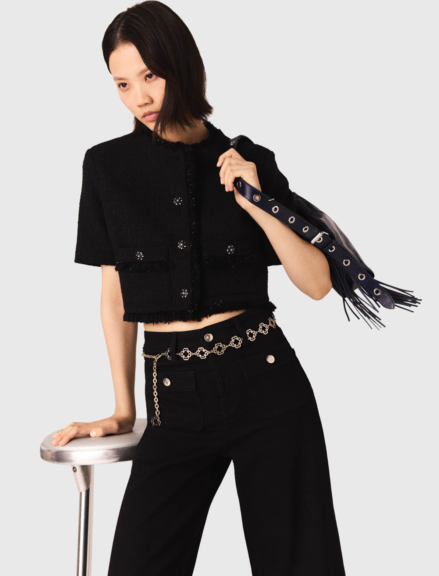 Short shiny tweed jacket Black / Gray For Women | Maje