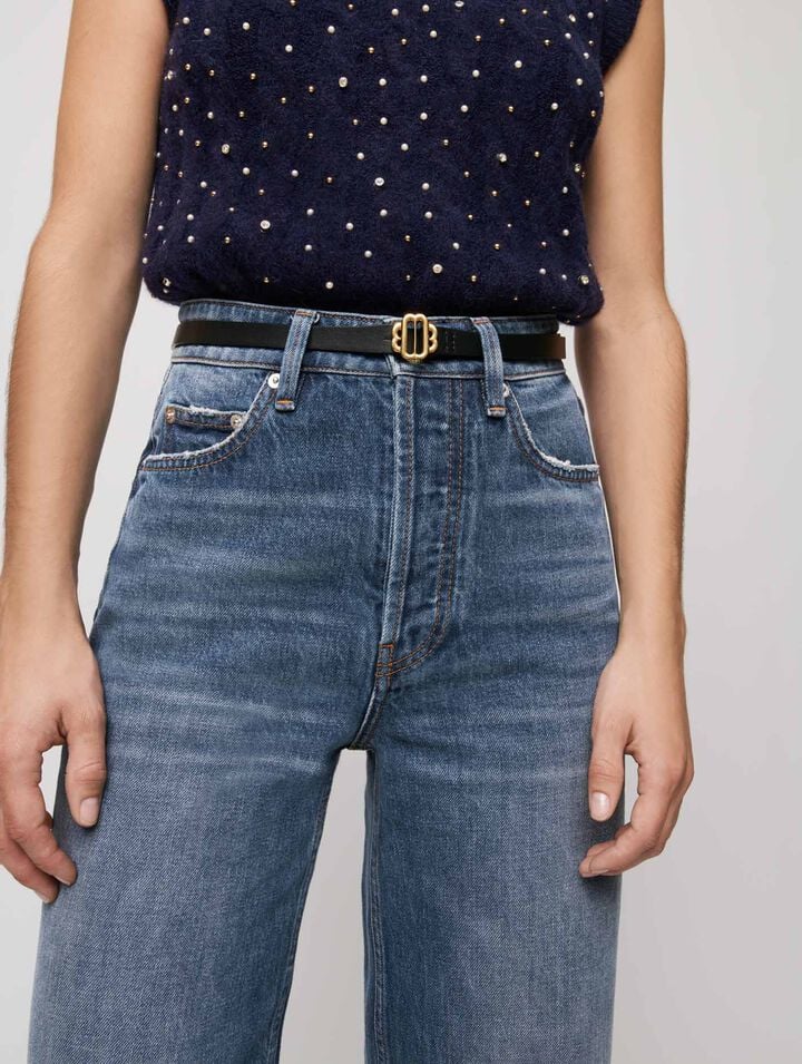 Narrow black leather belt gold buckle