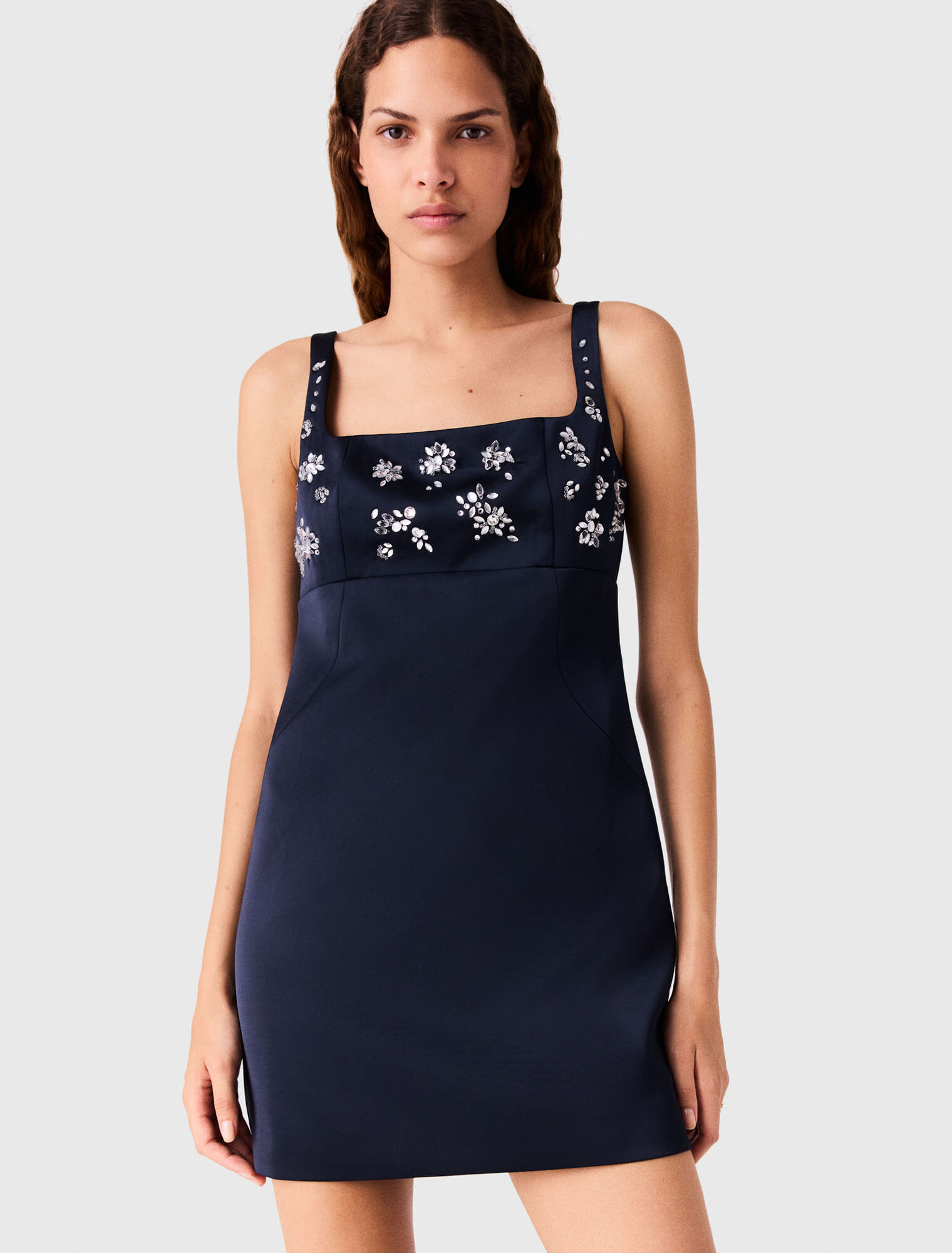 Short embroidered satin dress