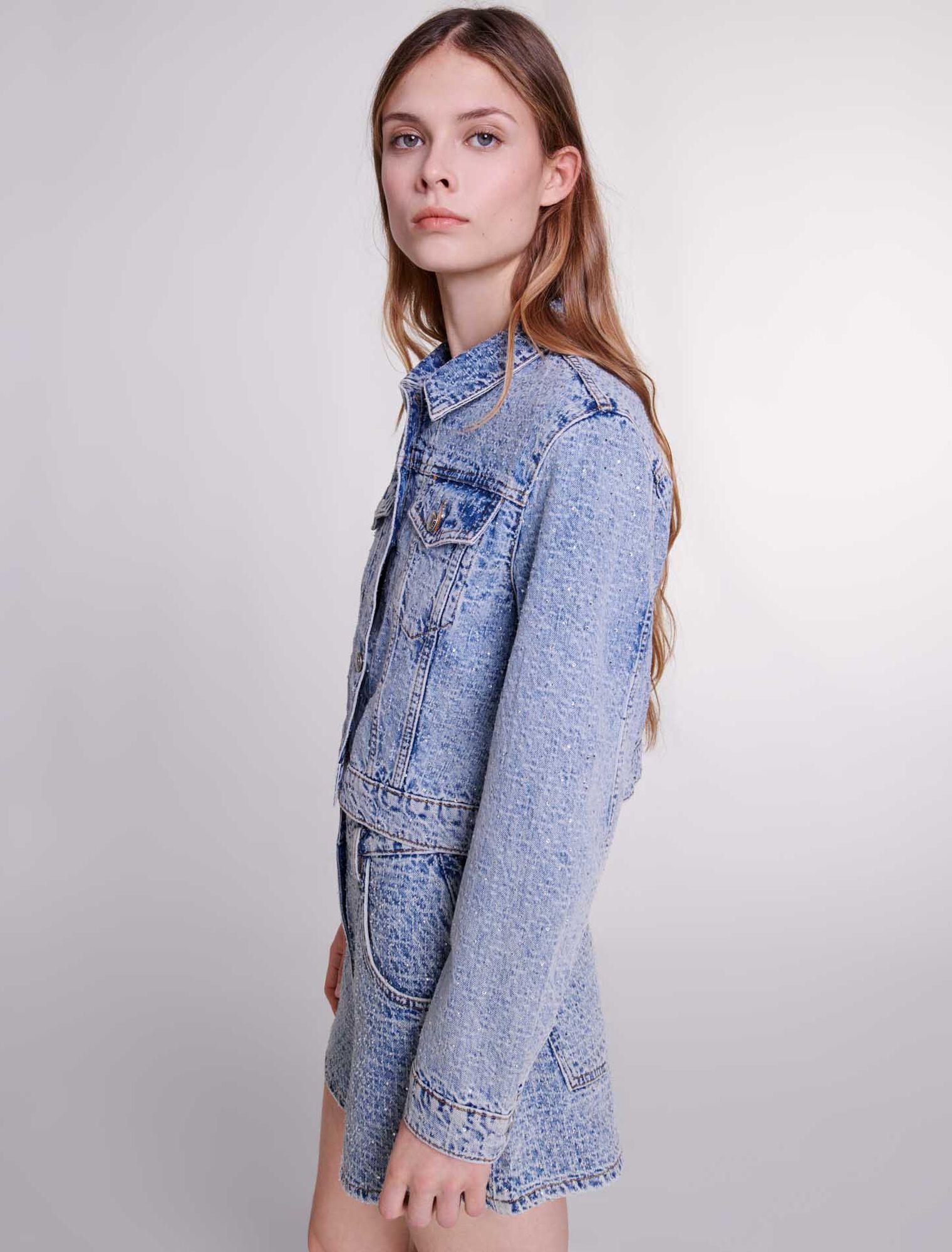 Diamanté and jacquard denim shorts