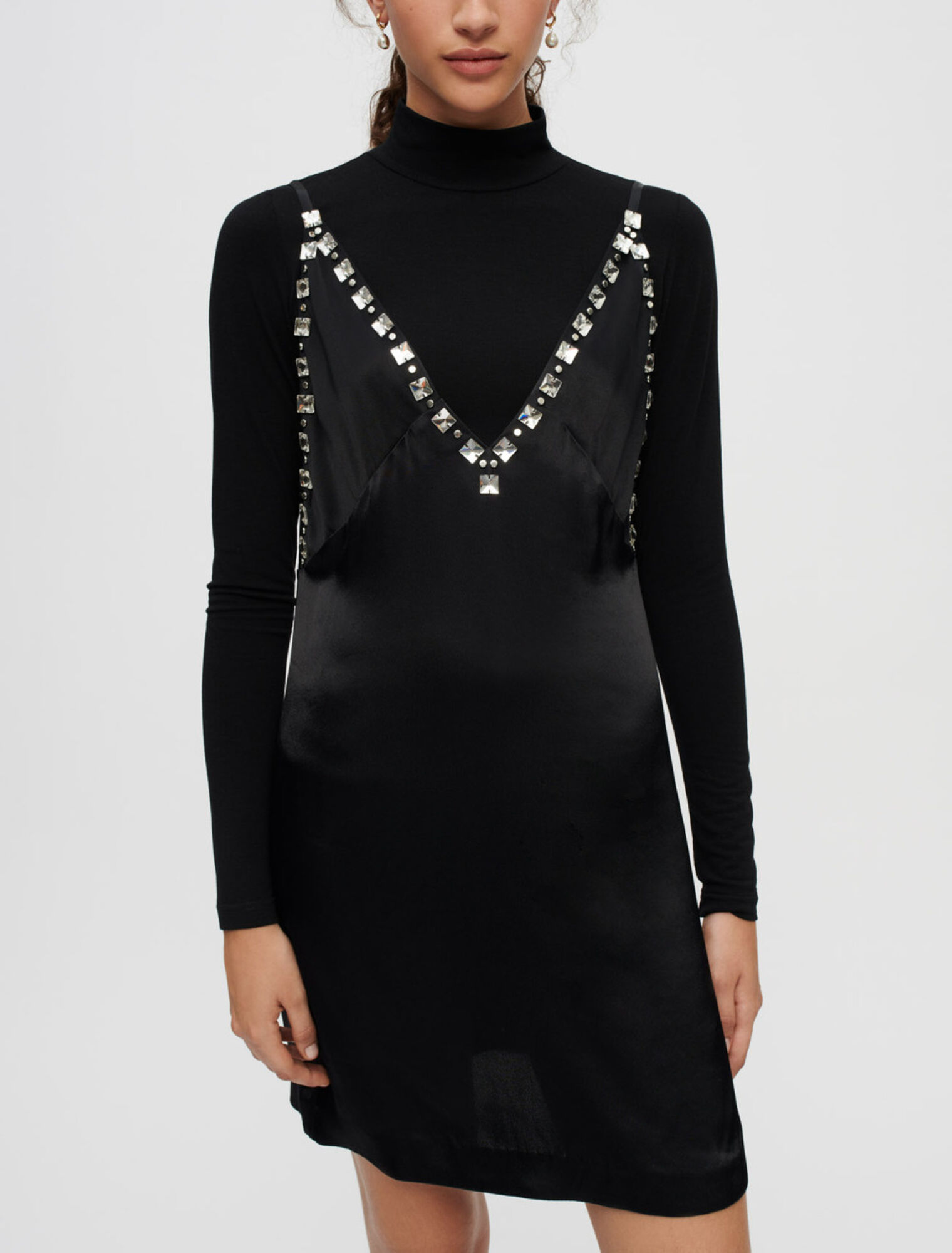 Black satin dress with jeweled straps