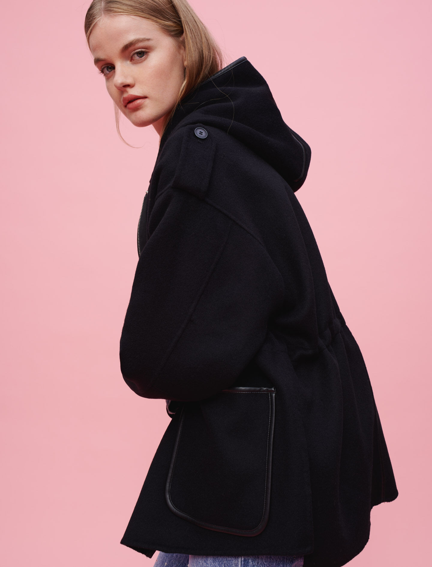 Oversized double face hooded coat Black Gray For Women Maje