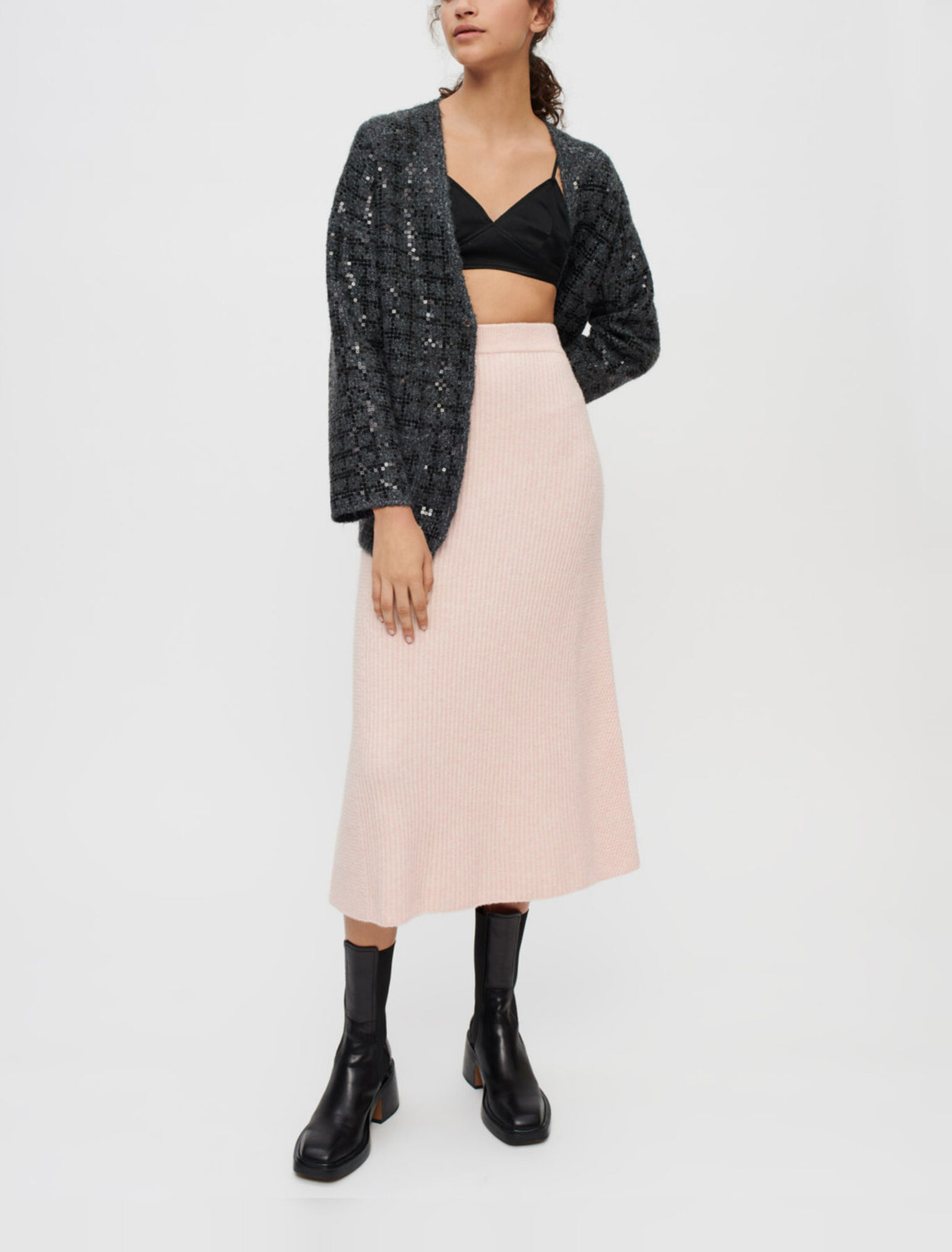 Ribbed stretch-knit midi skirt