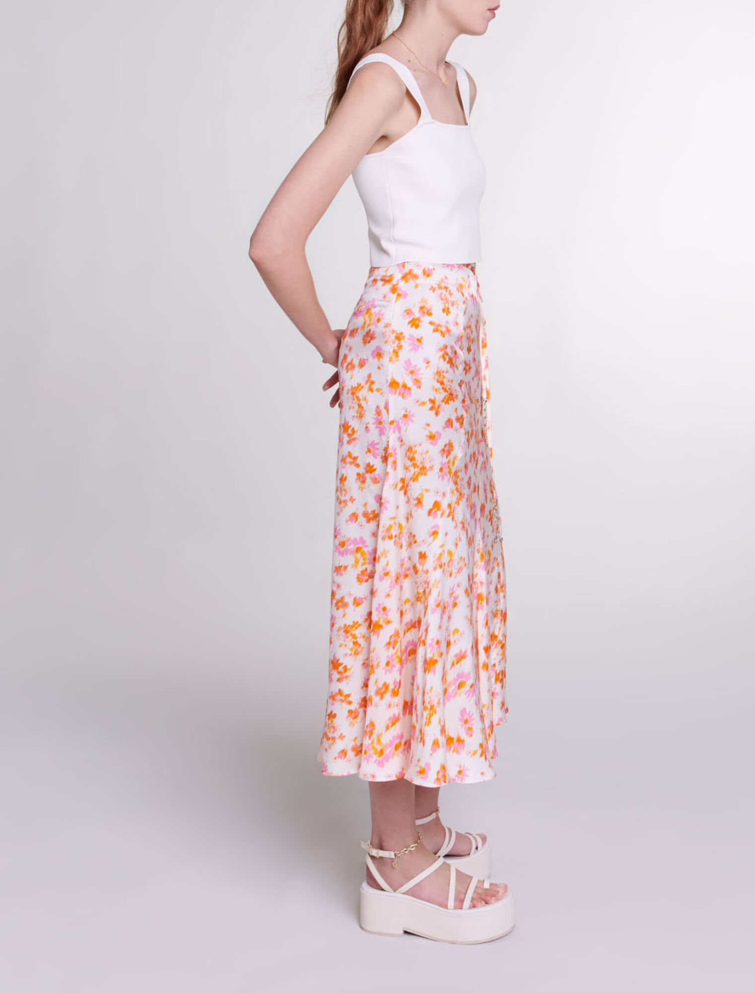 Satin-effect floral skirt