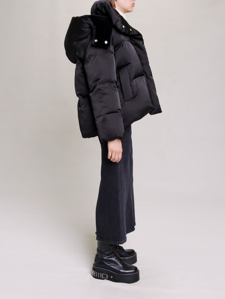 Short satiny quilted puffer jacket
