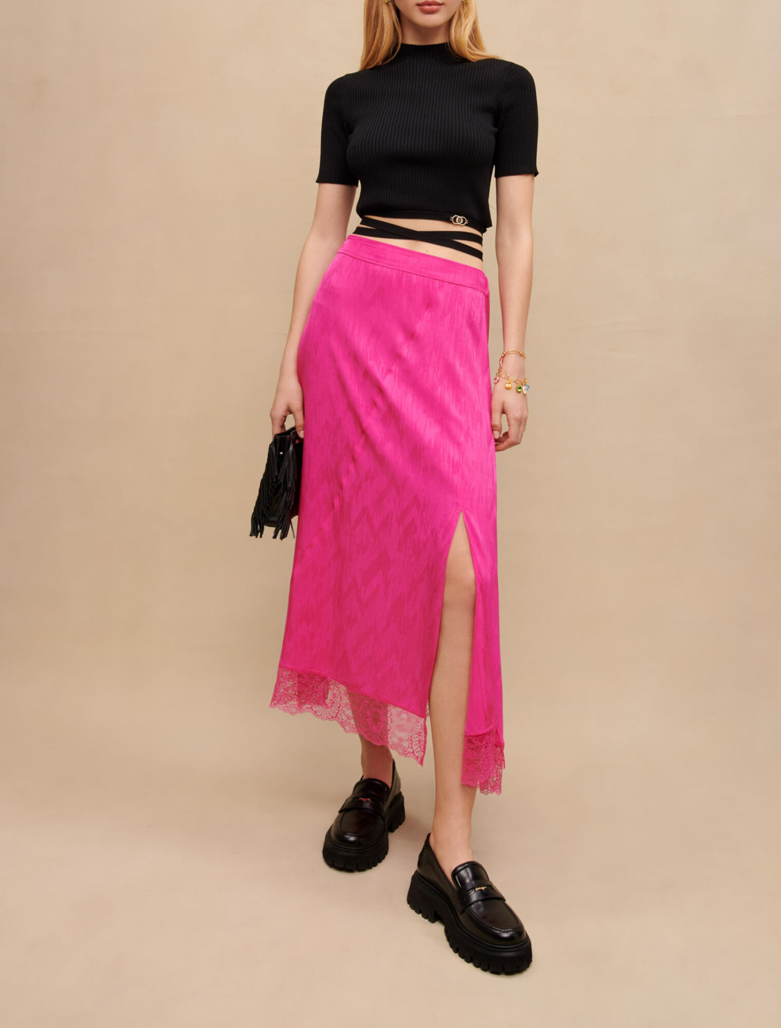 Satiny jacquard long slit skirt