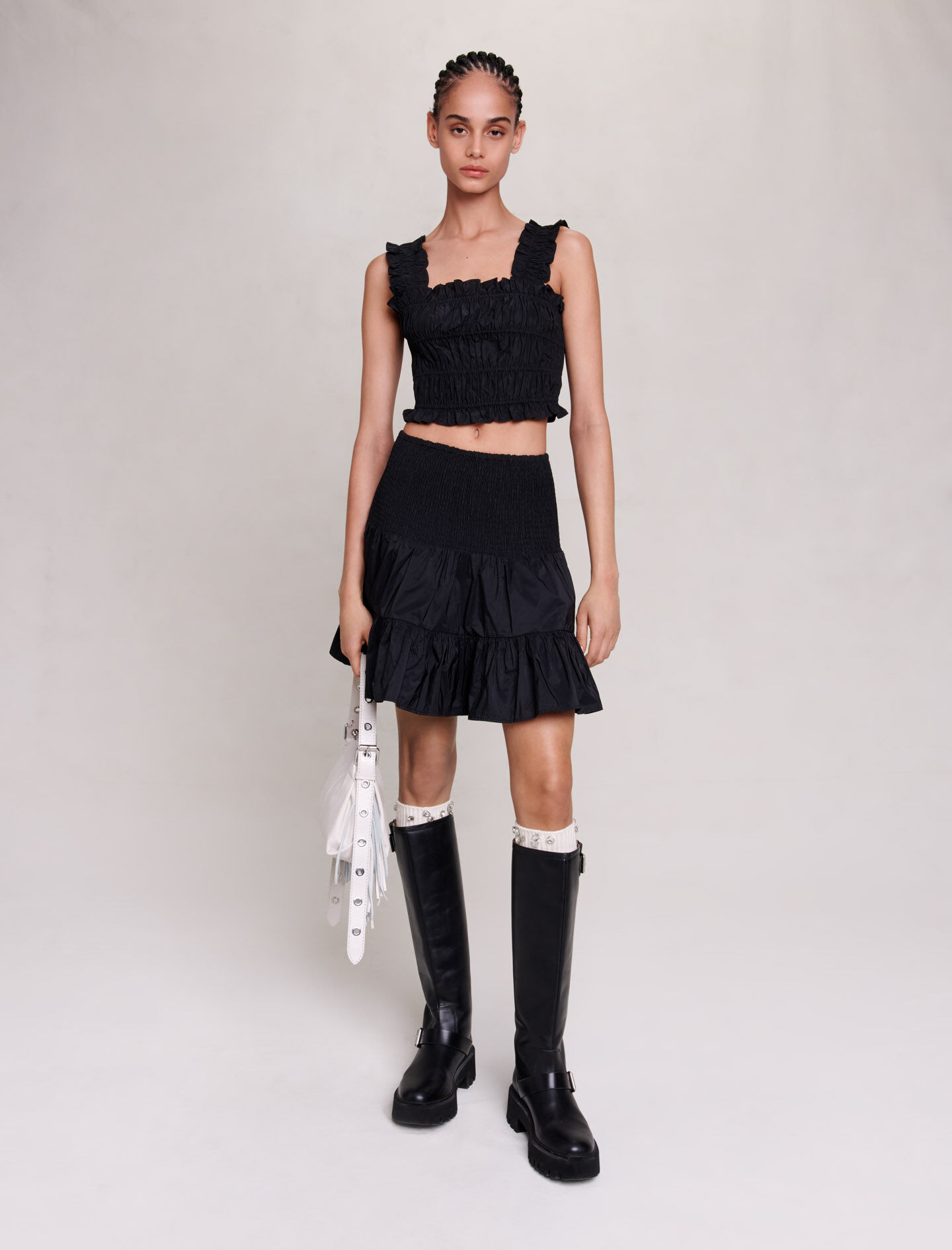 Short skirt with smocking and ruffles - All Clothing | Maje