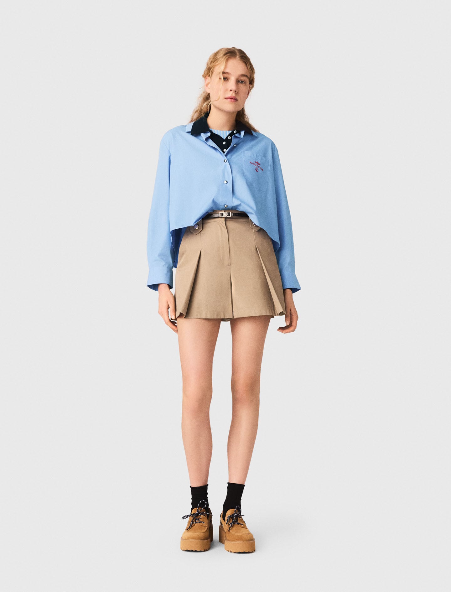 Layered effect embroidered denim skort Blue For Women | Maje