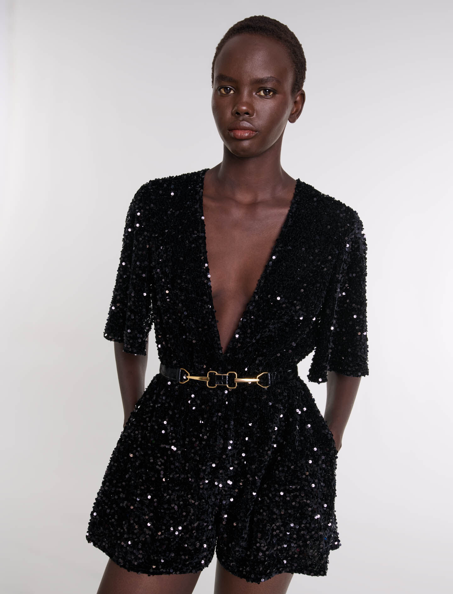 Sequinned velvet playsuit Black / Gray For Women | Maje