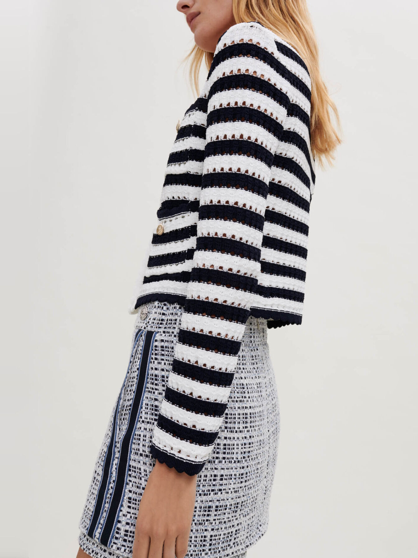 Striped crochet-effect cardigan