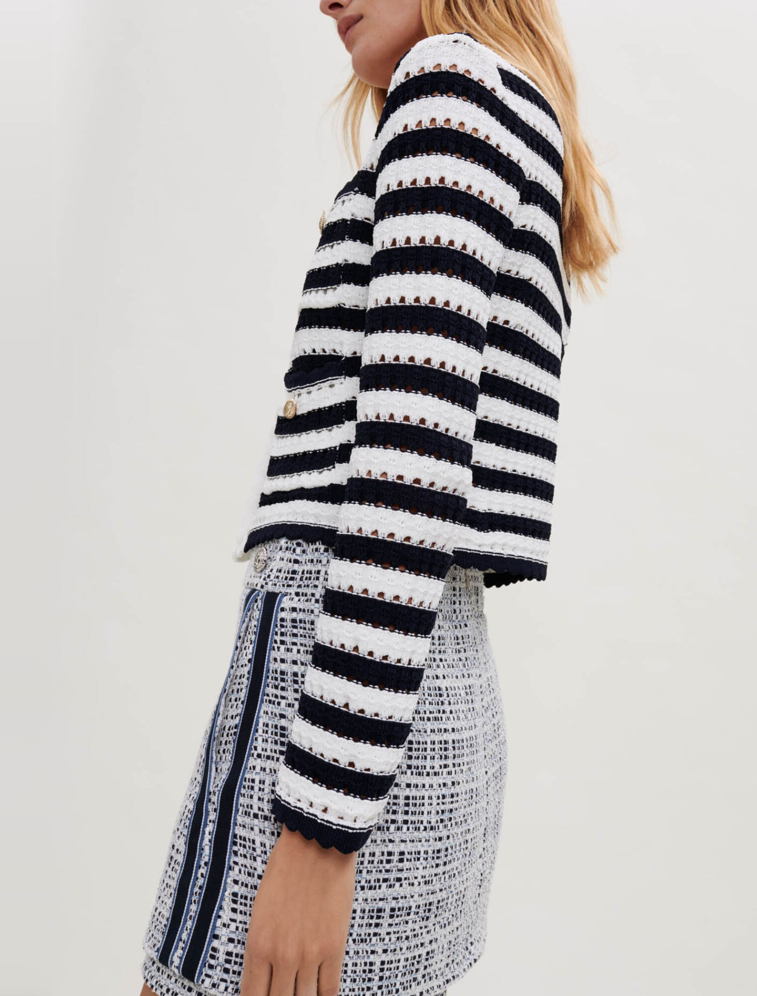 Striped crochet-effect cardigan
