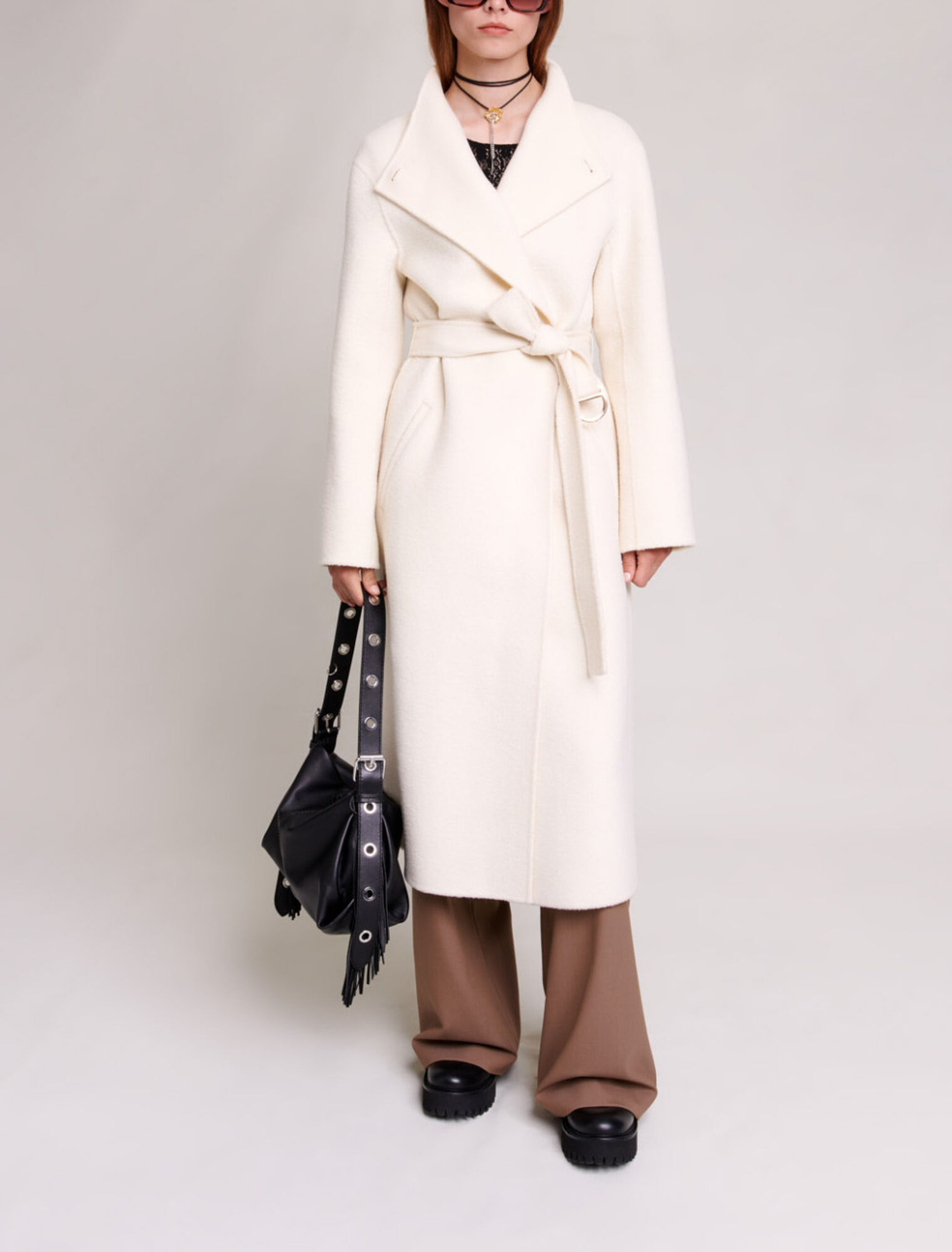 Mid-length coat with tie fastening