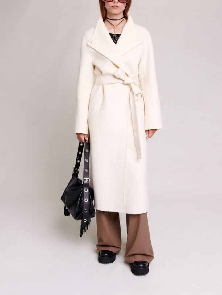 Mid-length coat with tie fastening