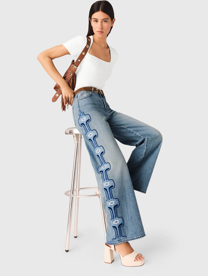 Floral embroidered wide-leg jeans