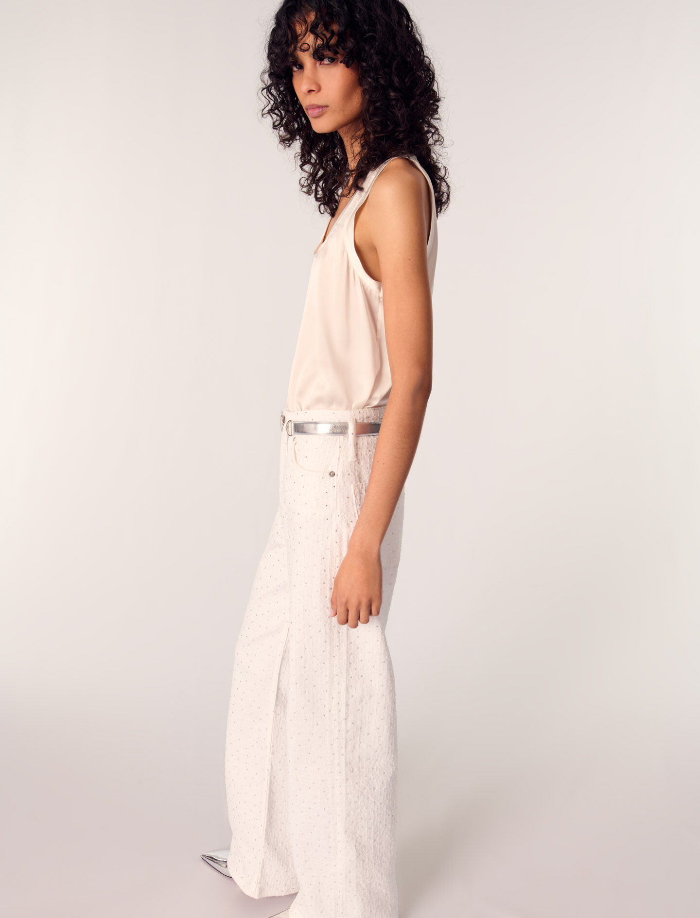 Wide-leg rhinestone jeans White For Women | Maje