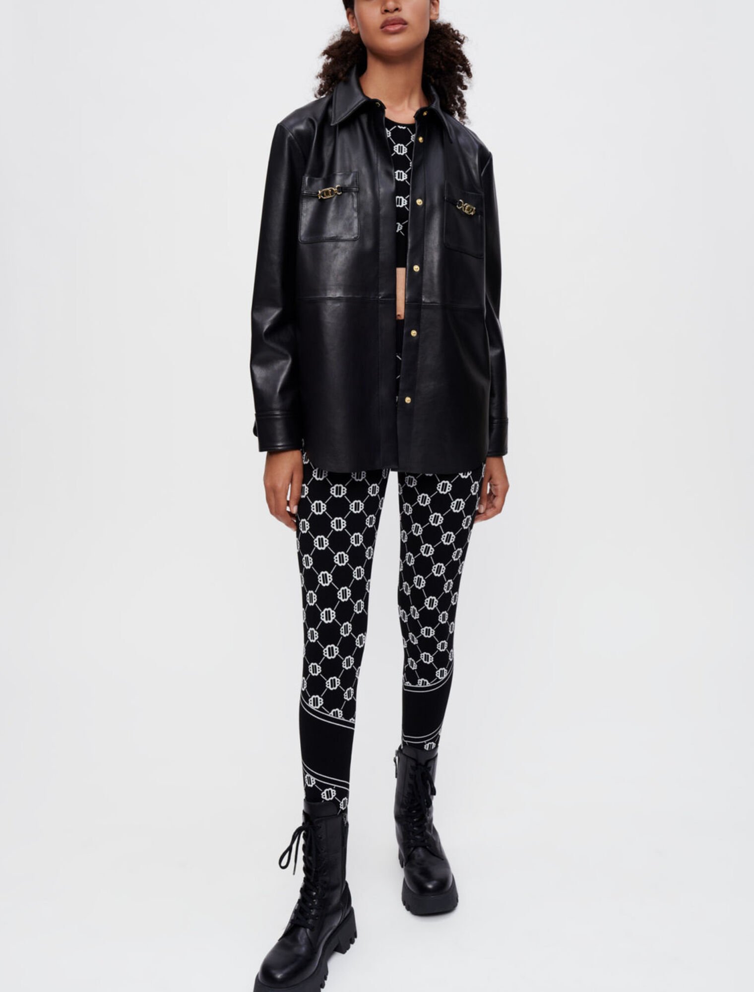 Black leather shirt with gold horsebits