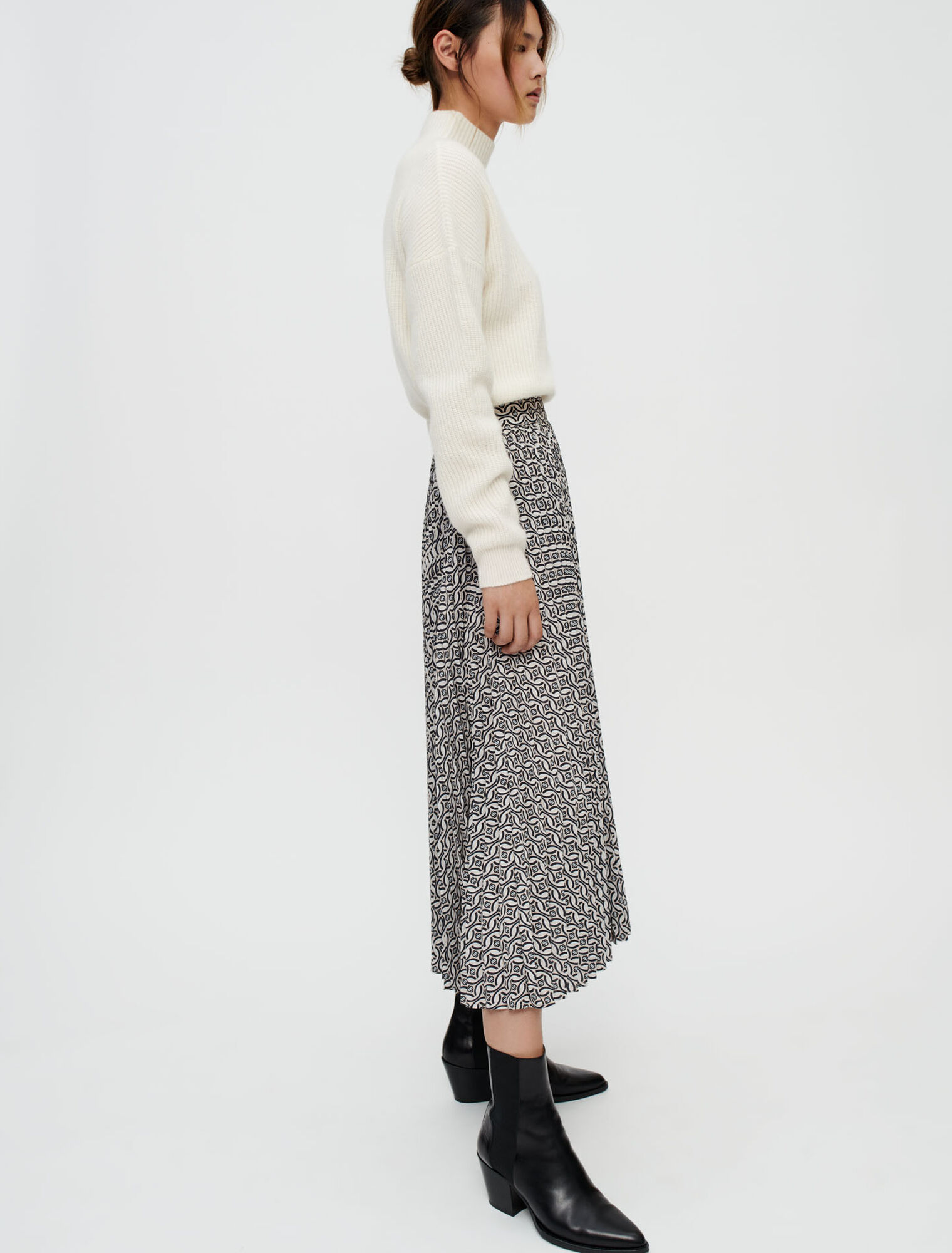 Printed, pleated midi skirt